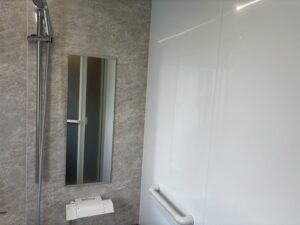 浴室の壁面詳細。グレー系石目調のアクセントパネルと白色の壁パネルが組み合わされ、シャワー水栓・鏡・収納棚・手すりが機能的に配置されている。LED照明が空間を明るく照らす